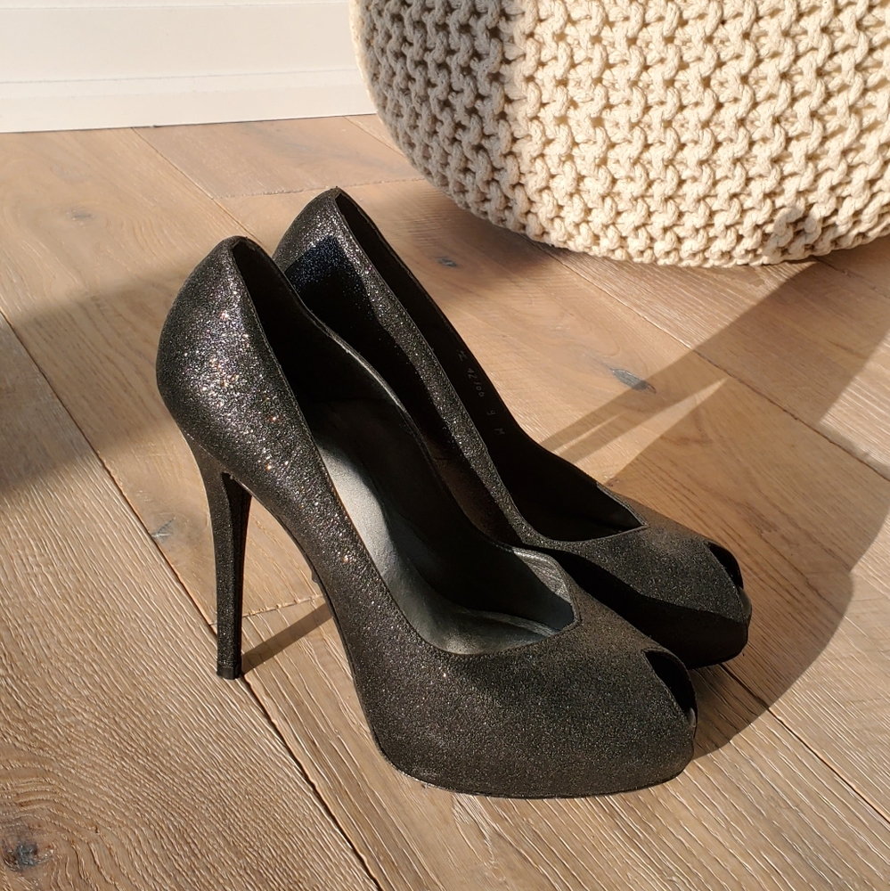 Stuart Weitzman Shimmering Black Peep-Toe Heels